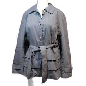 Cynthia Rowley Belted Short Trench Coat Jacket Ruffled Hem Fit & Flare Size L